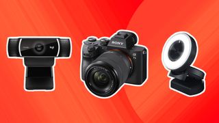 Three of the best cameras for streaming on a gradient background.